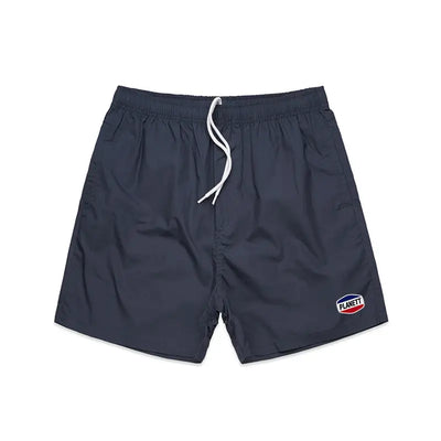 Gray swim trunks with drawstring.