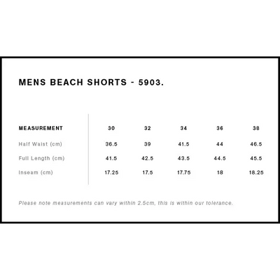 Men’s beach shorts size chart.