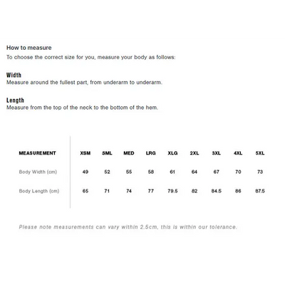 Clothing size chart.