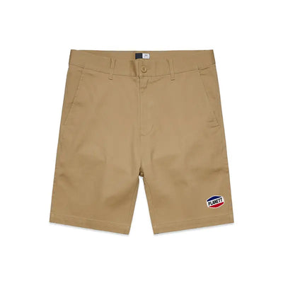 Khaki-colored shorts.