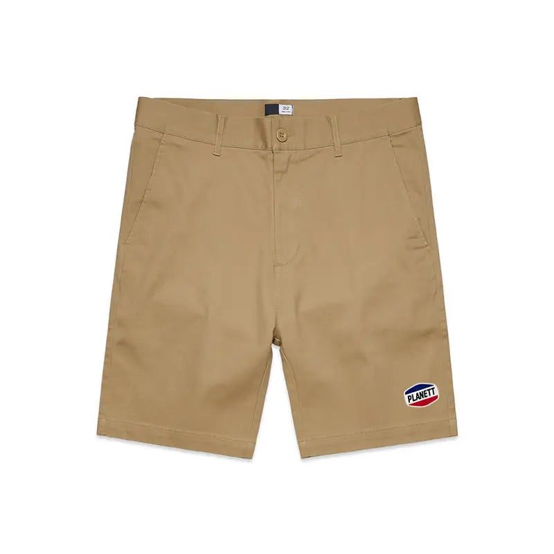 Khaki-colored shorts.