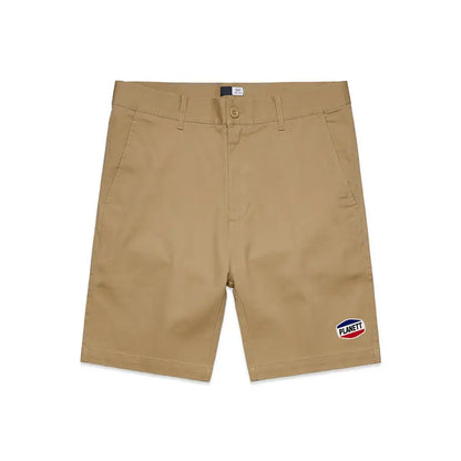 Khaki-colored shorts.