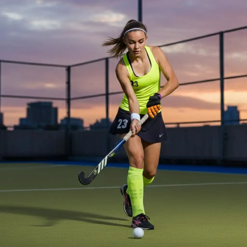 A neon green and black field hockey stick with white stripes, featuring a curved blade and grip handle.