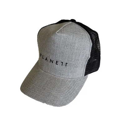 Gray and black trucker hat.