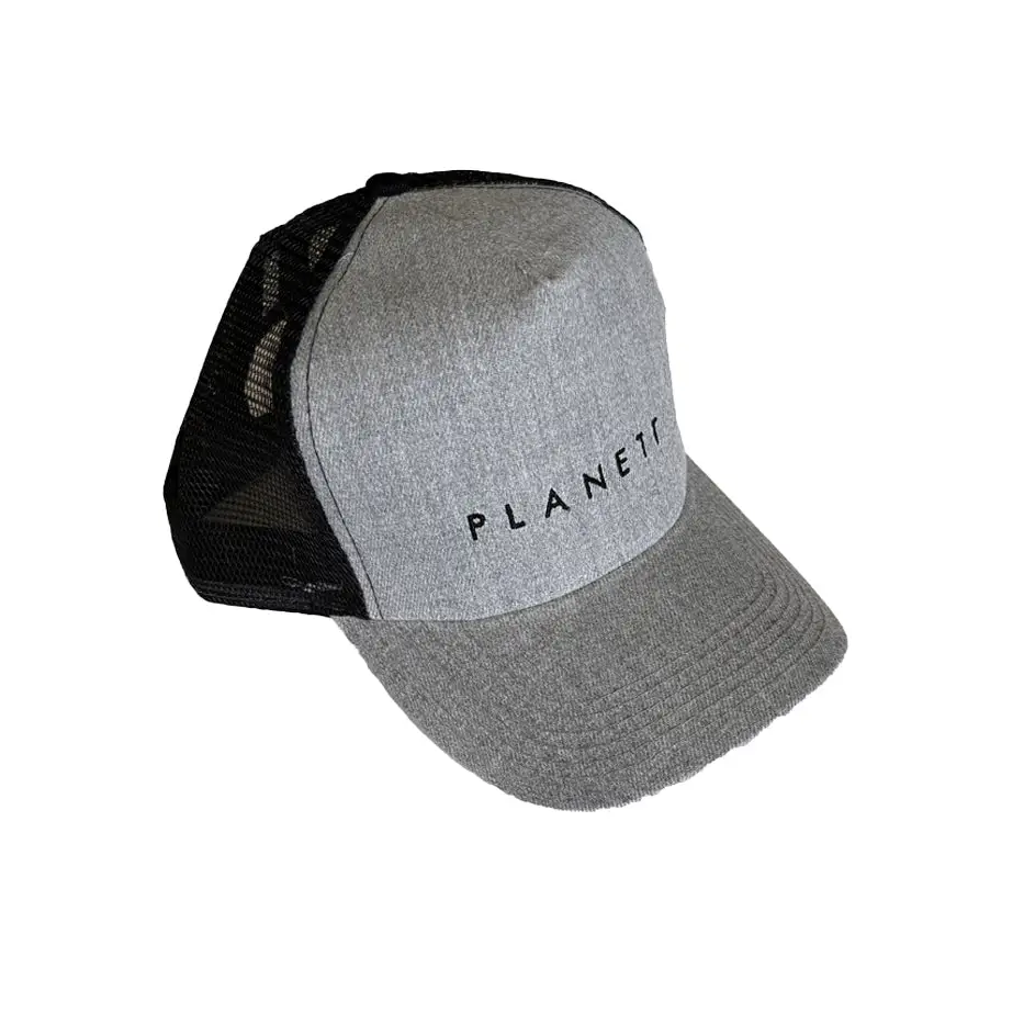Gray and black trucker hat.