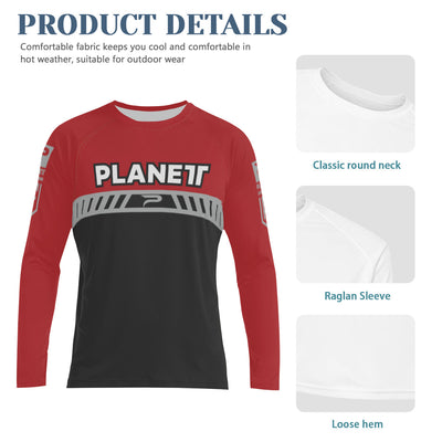 Red and black long-sleeved athletic shirt.