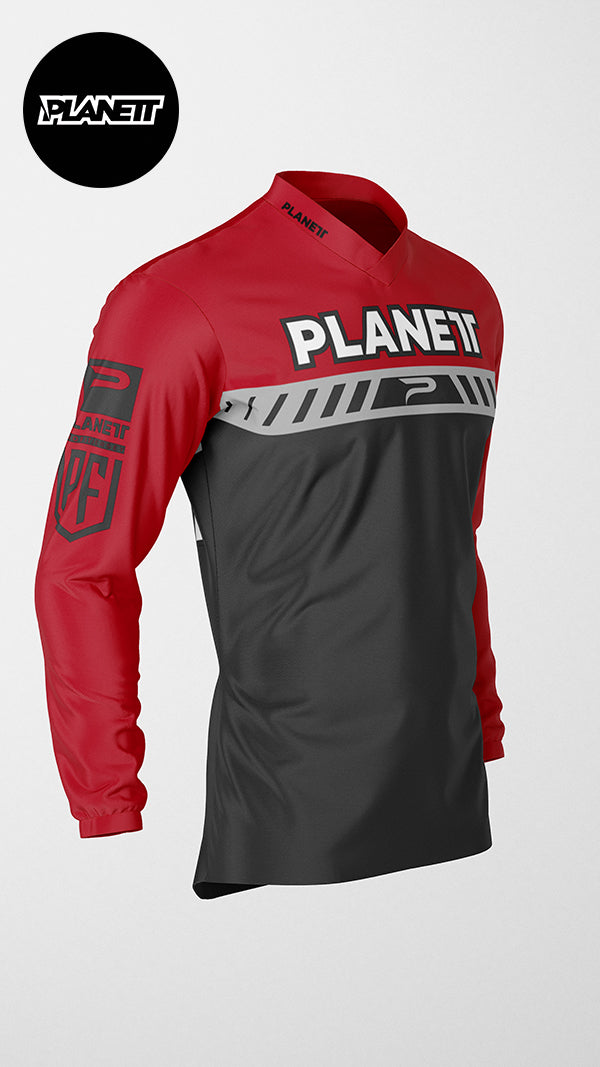 Red and black long-sleeved athletic jersey.
