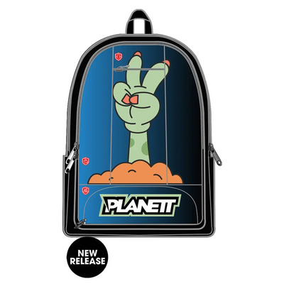 Cartoonish backpack with alien hand design.