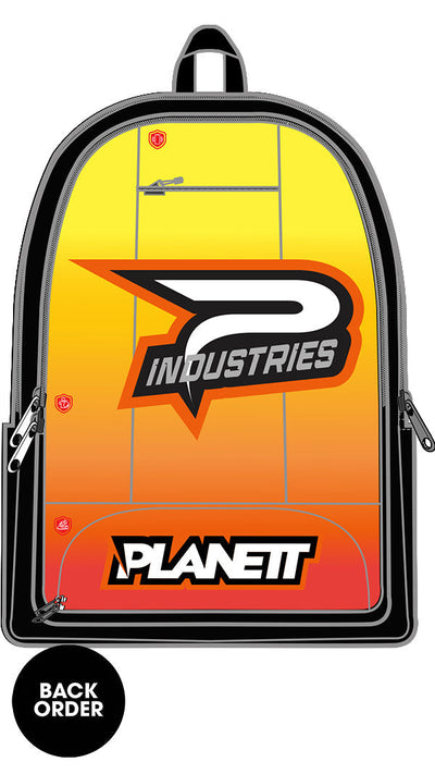 Vibrant gradient yellow-to-orange backpack featuring a bold ’p industries’ logo with black and white accents, framed by sleek black trim.