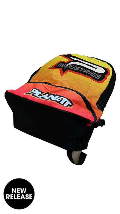 Vibrant yellow and red planet industries backpack with black accents and bold logo branding.