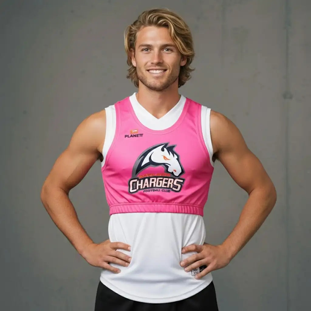 Pink and white sleeveless football jersey with a horse logo and ’chargers’ text.
