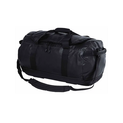 Black duffel bag with shoulder strap.