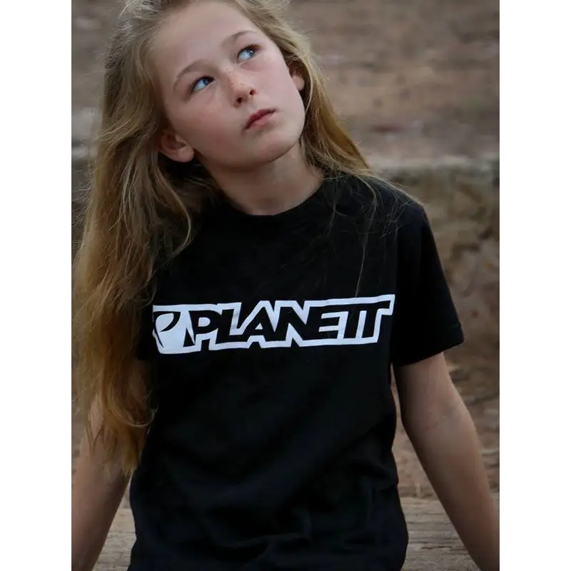 Black t-shirt with white logo.