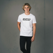 White crew neck t-shirt with a black and white logo