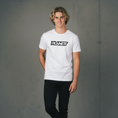 White crew neck t-shirt with a black and white logo