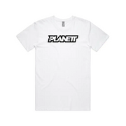 White t-shirt with black logo.