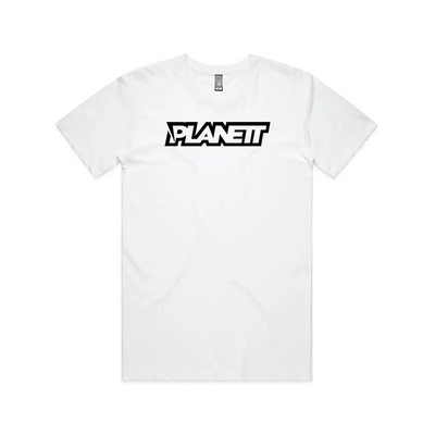White t-shirt with black logo.