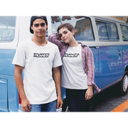 Matching white t-shirts.