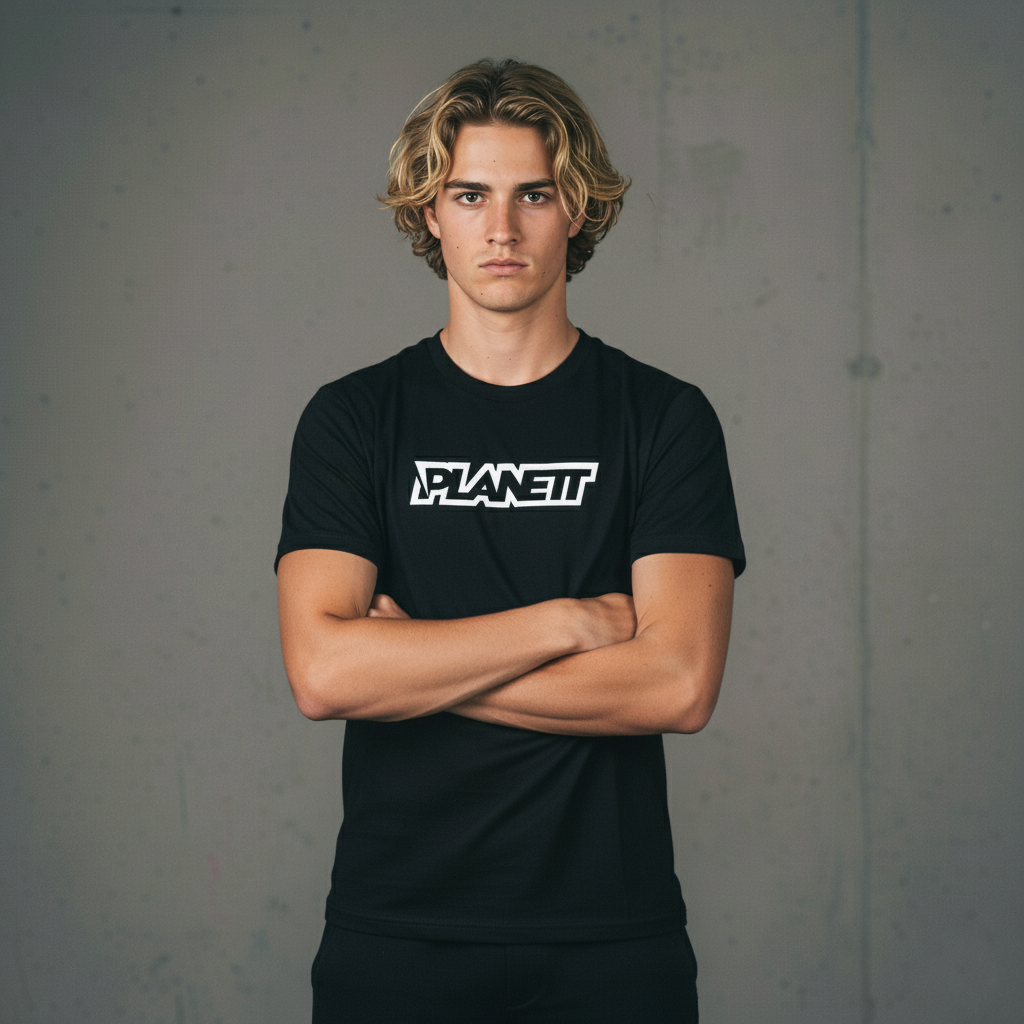 Black t-shirt with ’PLANETT’ logo