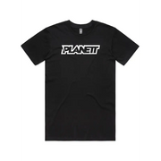 Black t-shirt with white lettering.