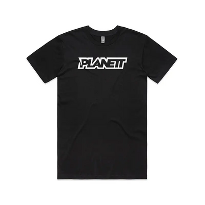 Black t-shirt with white lettering.