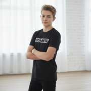 A young male model wearing a black t-shirt and black pants.