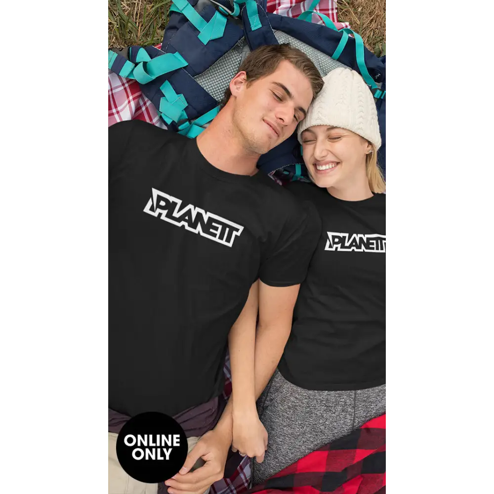 Matching black t-shirts.