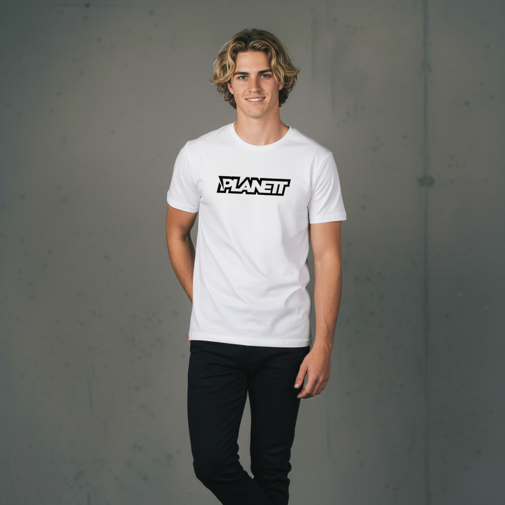 White crew neck t-shirt with a black and white logo