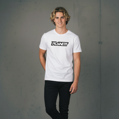 White crew neck t-shirt with a black and white logo
