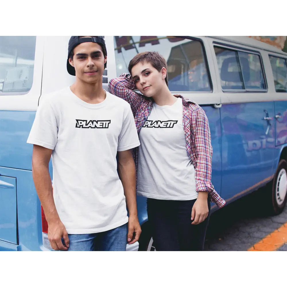 Matching white t-shirts.