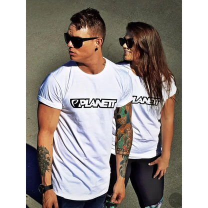 Matching white t-shirts.