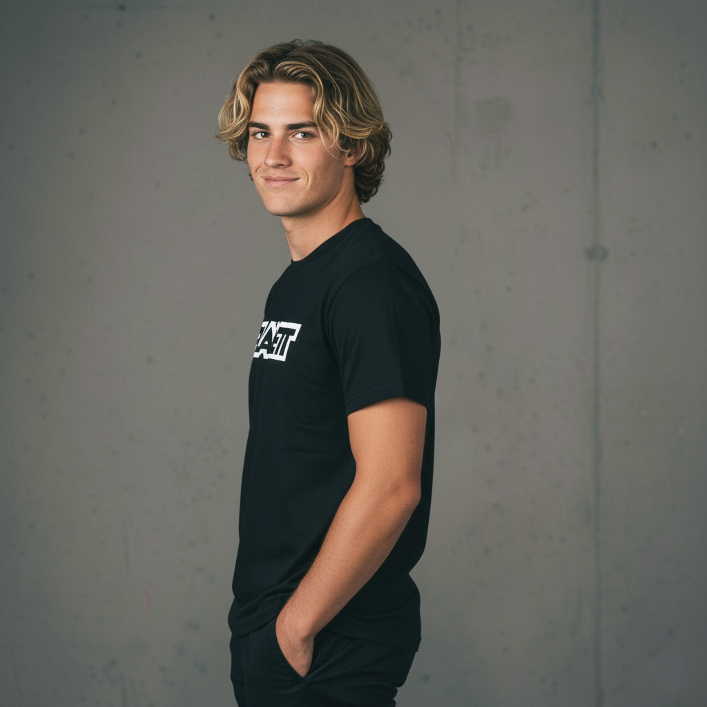 A young man with wavy blond hair, wearing a black T-shirt and black pants.