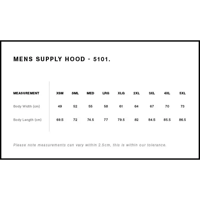 Hoodie size chart.