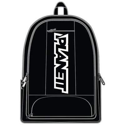 Black backpack with white lettering.