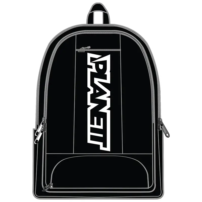 Black backpack with white lettering.