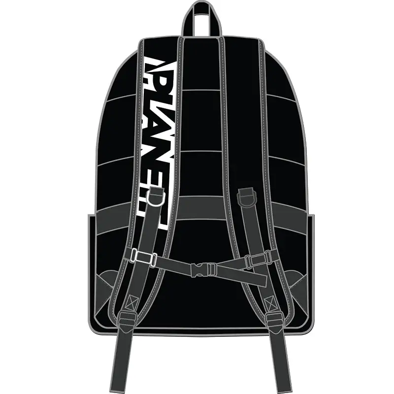 Black backpack with adjustable straps.