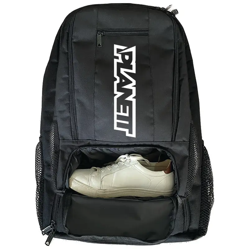 Black backpack with shoe compartment.