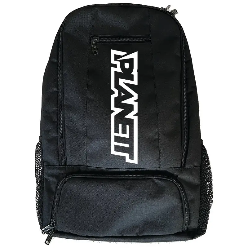 Black backpack with white logo.