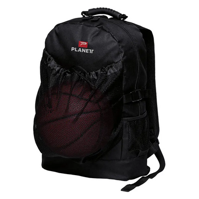 Black backpack with mesh pocket.