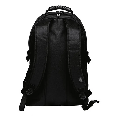 Black backpack with padded straps.