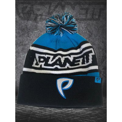 Blue and black knit beanie with pompom.