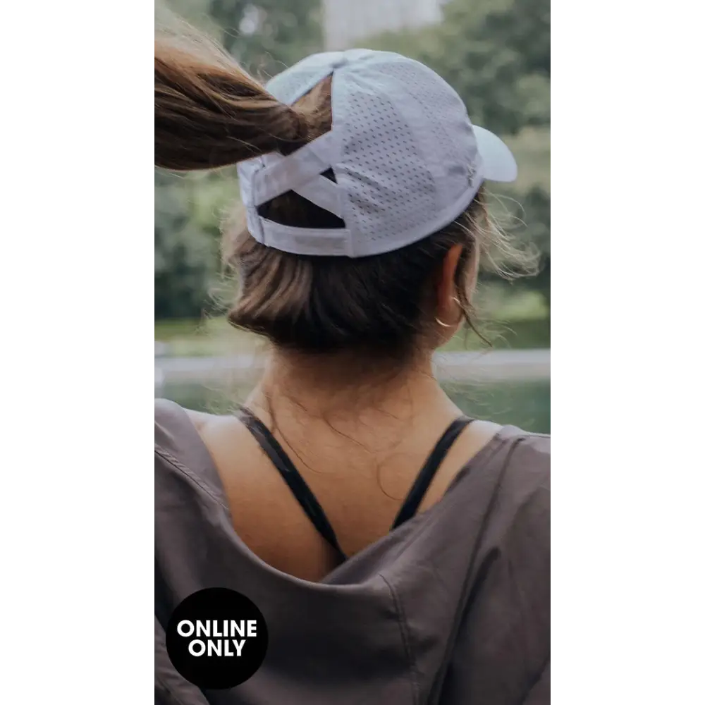 White ponytail baseball cap.