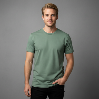 Olive green crew neck t-shirt with short sleeves and a relaxed fit.