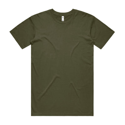 Olive green crew neck t-shirt with short sleeves and a ribbed neckline, made of cotton.