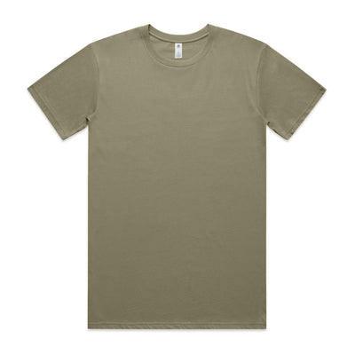Olive green crew neck t-shirt with short sleeves and a simple design.