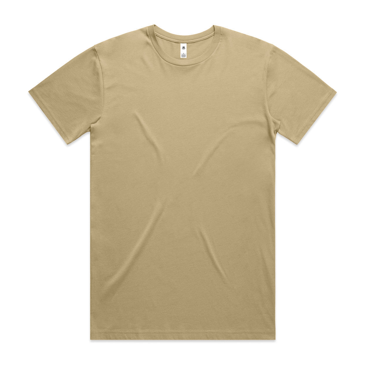 Beige crew neck t-shirt with short sleeves and a small white tag on the left shoulder.