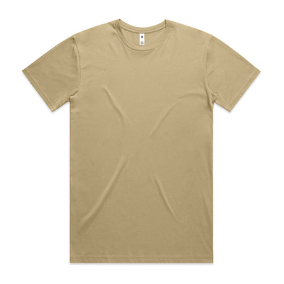 Beige crew neck t-shirt with short sleeves and a small white tag on the left shoulder.