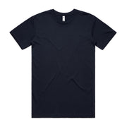 Navy blue crew neck t-shirt with short sleeves and a small white logo on the left chest.