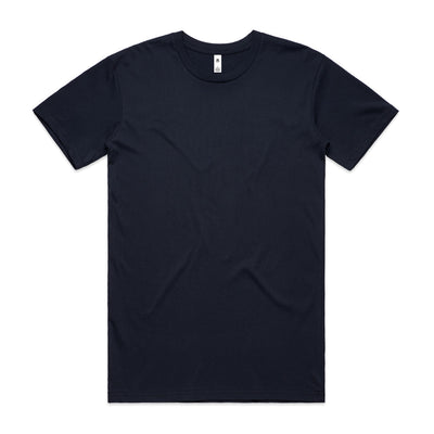 Navy blue crew neck t-shirt with short sleeves and a small white logo on the left chest.