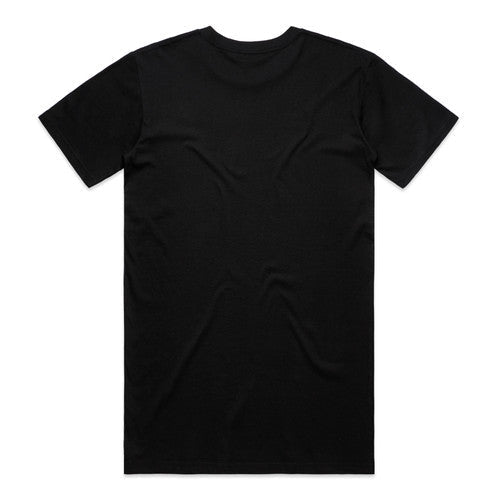 Black plain t-shirt with short sleeves and crew neck.